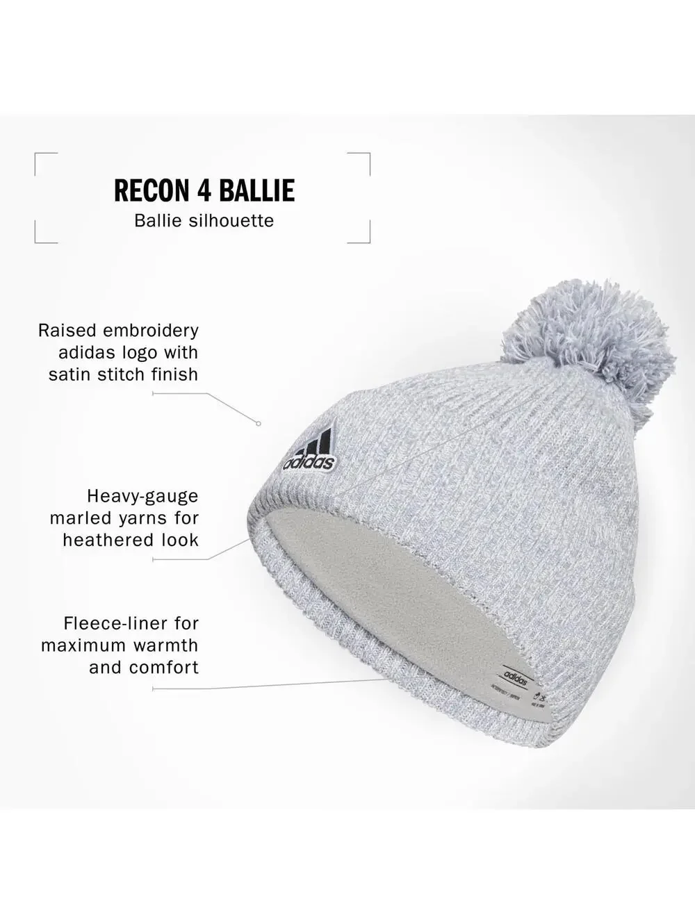 adidas Men's Recon Ballie Beanie with Pom Cuffed Fleece-Lined 983618-B